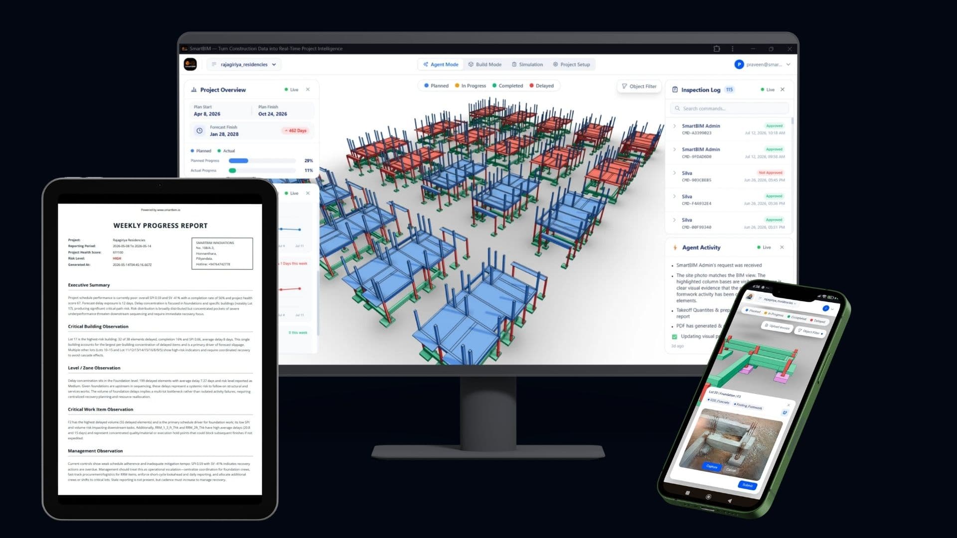 SmartBIM dashboard showing live construction progress