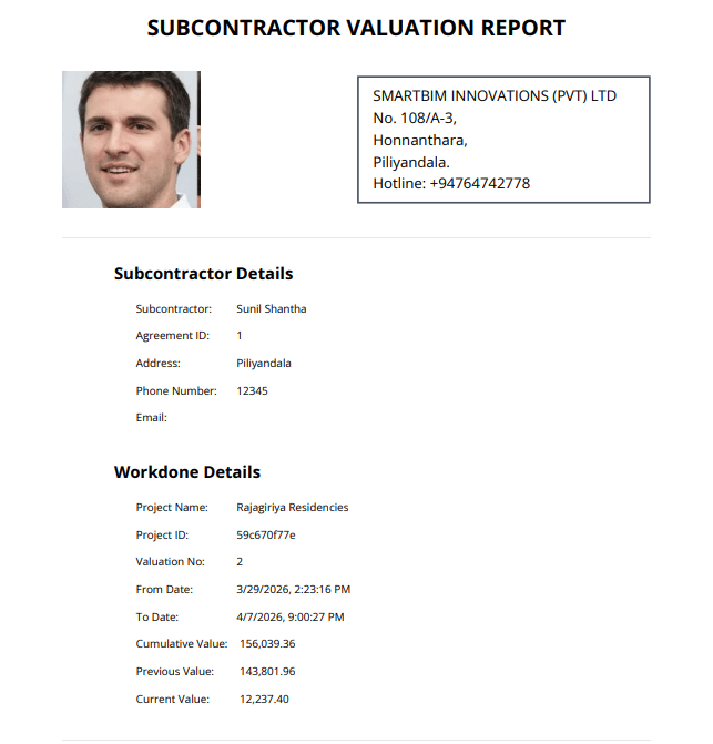 Subcontractor Valuation sample from Agent SmartBIM