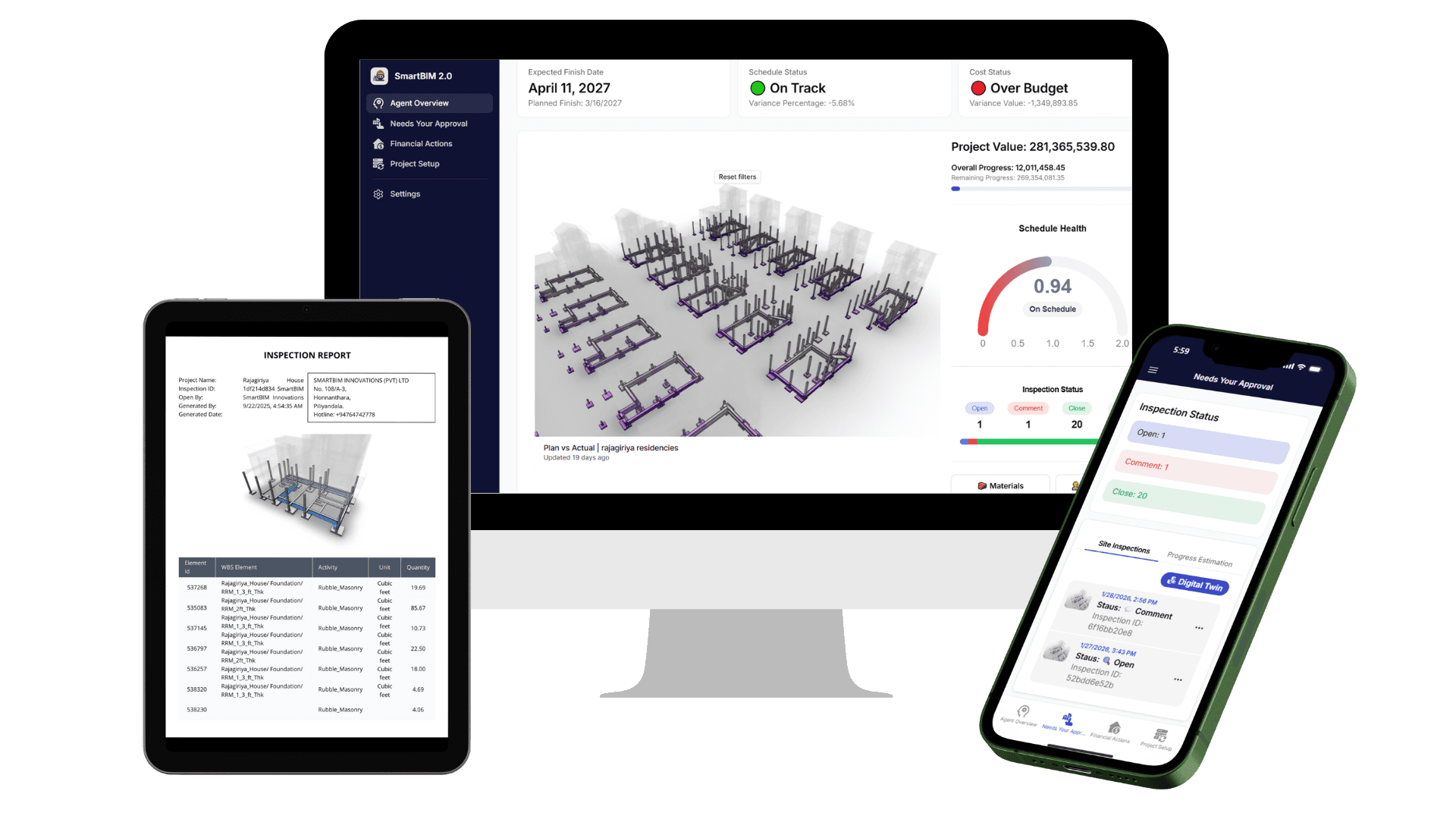 Agent SmartBIM — dashboard showing progress tracking, inspections, and valuation on desktop, tablet, and mobile